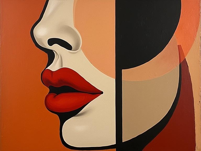 Geometric abstraction inspired by Modigliani featuring stylized lips and face profile. Titled 'Hot Labia forte.'