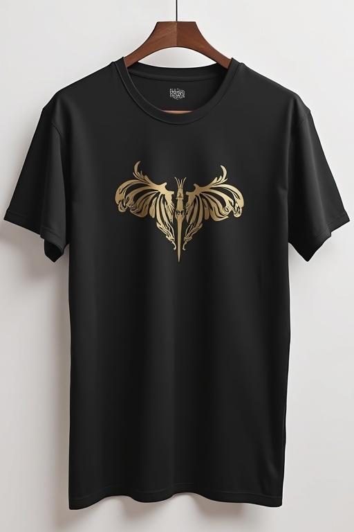 Black t-shirt with a gold butterfly logo. The design is centered on the chest. The t-shirt appears premium in quality. It is displayed on a hanger against a plain background.