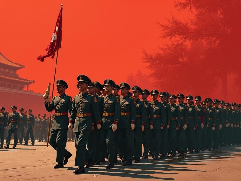 Photo realistic depiction of soldiers marching in a historic military parade setting. 1950s style with red background and an emphasis on discipline and formation.
