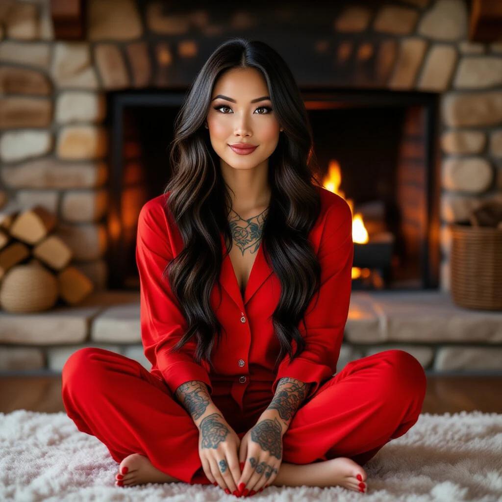 Asian woman with long black hair and tattoos in red pajamas sitting cross-legged next to fireplace. She has brown eyes and red nails, creating a cozy atmosphere.