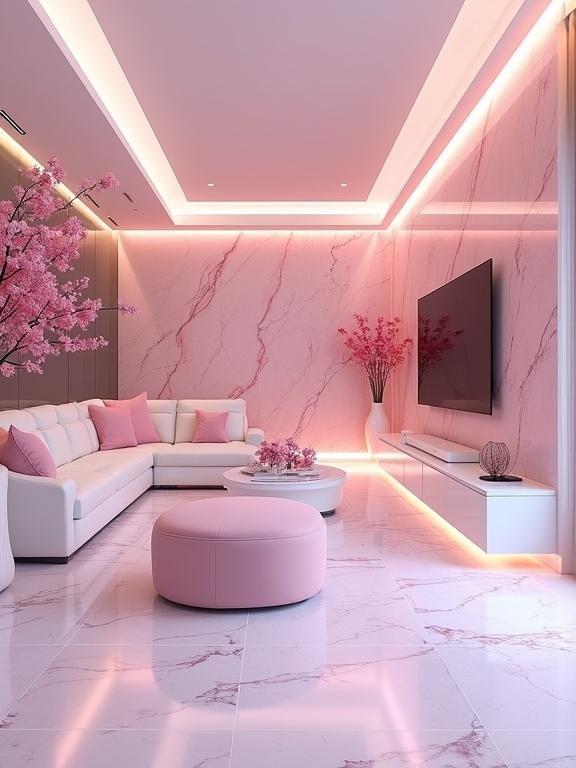 Modern living room design showcases a pink marble theme. Spacious rectangular room features glossy flooring, a curved white sectional sofa with pink cushions, pink flower arrangements, and a flat-screen TV. Soft pink LED lighting enhances the ambiance. White ottomans complement the decor with elegant details. Large windows are adorned with sheer pink curtains.