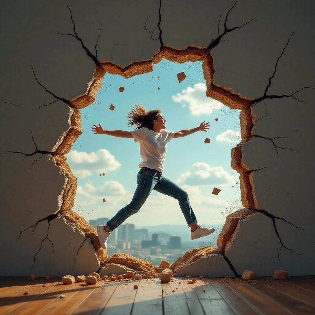 A person breaking through a wall from the inside. Dynamic action of jumping with expressive movement. Cracks and debris around the hole. Bright background with a colorful sky. Urban landscape visible beyond.