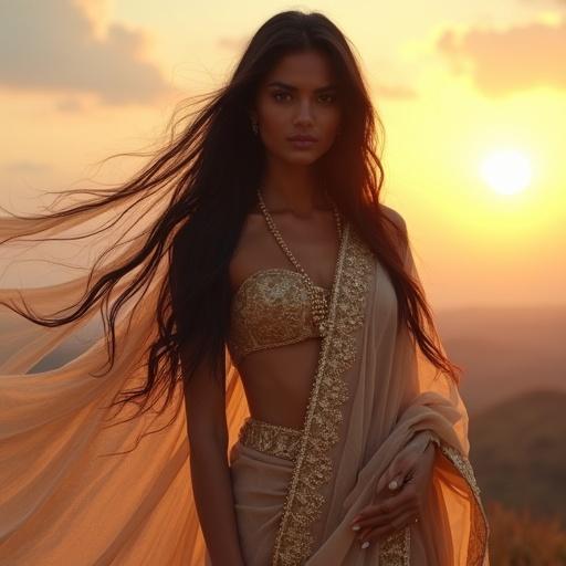 A hyperrealistic portrait of a beautiful Latin woman. She stands against a twilight sky. She wears a flowing silk saree with golden embroidery. Long black hair flows in the air. The earth beneath glows softly.