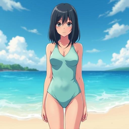 Female character inspired by anime, standing on a beach. Wearing a light purple swimsuit. Mid-length hair styled straight. Cute appearance. Front view. Anime style with realistic lighting. Black eye color.