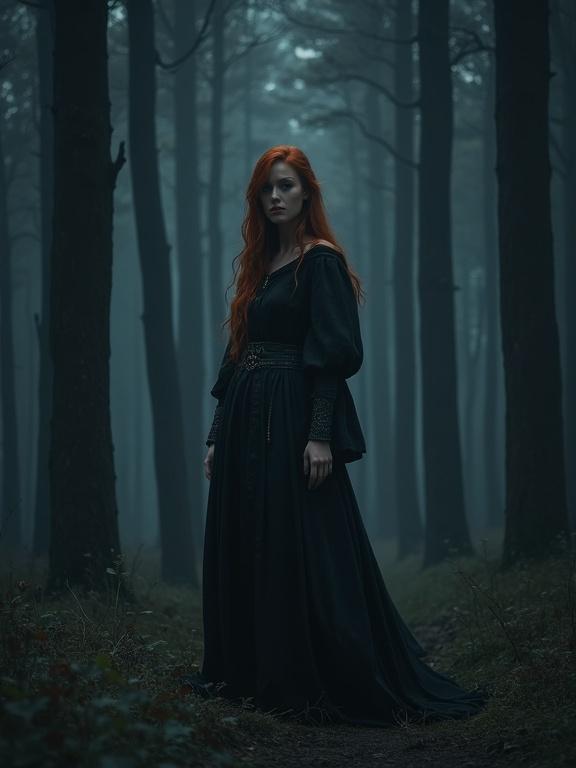 A young woman with red hair stands in a dark forest. She is wearing a long dark robe and looking at the viewer with her head down. The scenery is at night with visible stars and a lot of trees. The atmosphere is realistic and mysterious, showcasing elements of hyperrealism and dramatic backlighting.