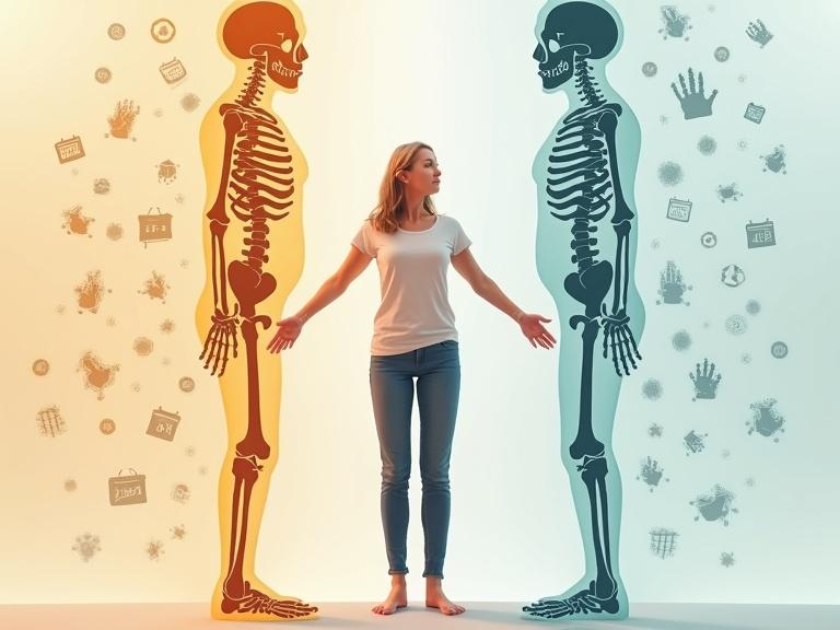 A split-image illustration shows a woman's body related to menopause effects on bone health. Left side has healthy bones with tiny builder figures. Right side shows fragile bones with overactive demolition figures. A woman in her early 50s stands centered, arms outstretched, dressed casually, looking thoughtful. Warm to cool background with icons marking aging. 