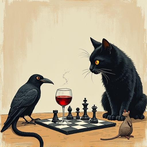 Illustration featuring a large black cat next to a chessboard. The cat drinks wine. A small mouse smokes. A crow watches attentively. A whimsical scene with playful animal characters.