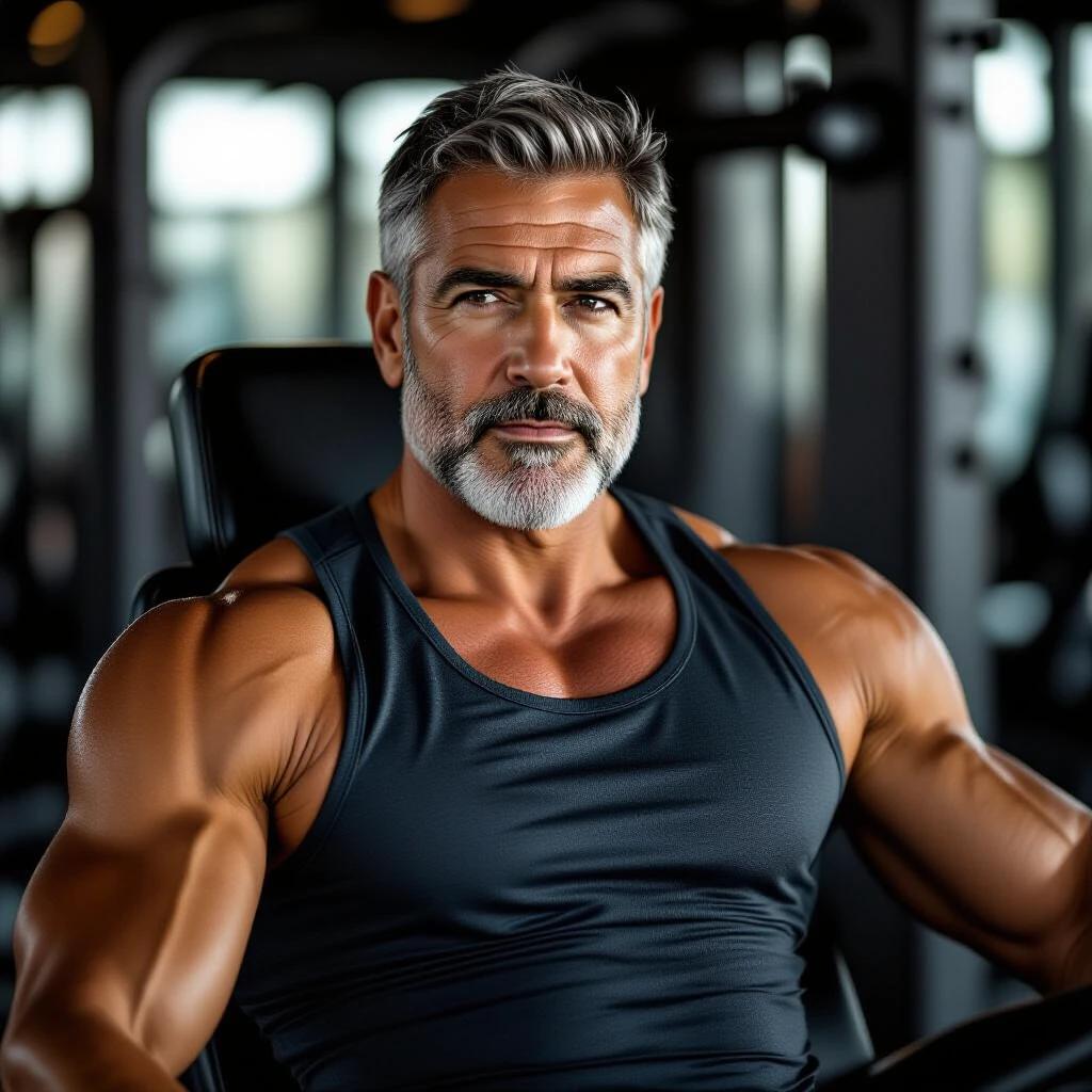 Older muscular man in a fitted tank top doing chest press in luxury gym. Silver hair calm intense face sweat dramatic shadows