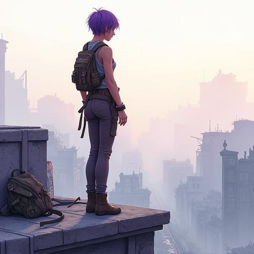 Stylized watercolor digital painting of young athletic woman with short violet hair standing on edge of rooftop in quiet ruined city at dawn. She's stretching back and arms, wearing fitted traveler's outfit with belts and utility straps, and weathered backpack beside her boots. Skyline below covered in morning mist, showing collapsed buildings, broken bridges and distant silhouettes under pale sky. Atmosphere calm, reflective, cinematic, with soft watercolor tones and delicate brushwork.