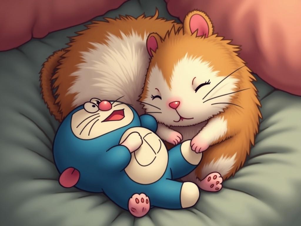 A cute, cartoon-style image of a chubby hamster cuddling with a blue, robotic cat-like character. The setting is cozy and they are nestled in soft bedding.