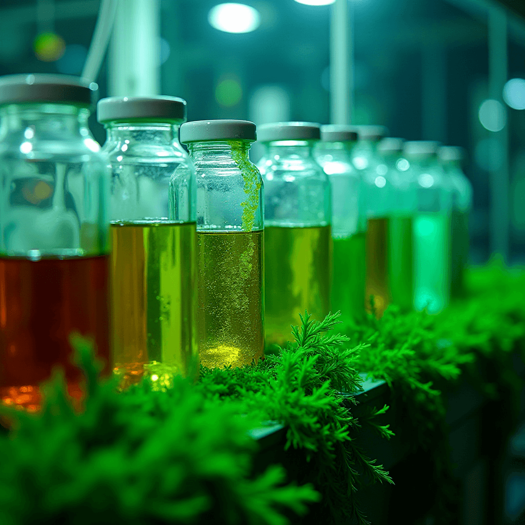 Glass jars filled with colored liquids are lined up with vibrant green plants in the foreground.