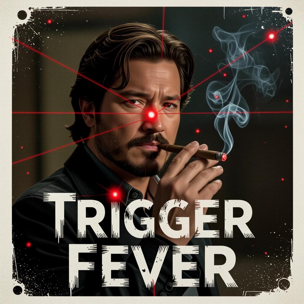 Diego Luna lights a cigar. Red laser dots target him. Calm in chaos. Title is hand-scrawled with ammo hole detailing. Smoky noir lighting with deep cinematic tone.