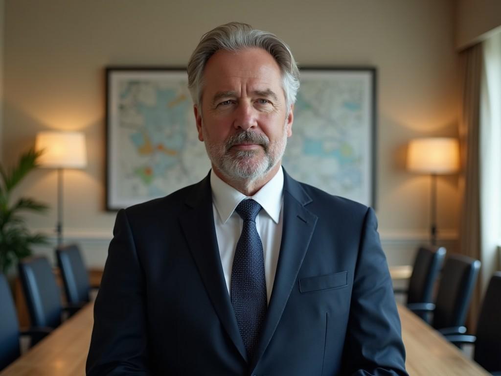 The image depicts a group of five middle-aged professionals in a UK boardroom setting. Three men and two women, all of British ethnicity, standing confidently from the waist up. Each person is dressed in formal business attire, exuding a serious and professional demeanor. The background is a stylish boardroom with a subtly colored map on the wall. The lighting is soft and warm, enhancing the professional atmosphere. These individuals are presented in a way that makes them suitable for corporate presentations.