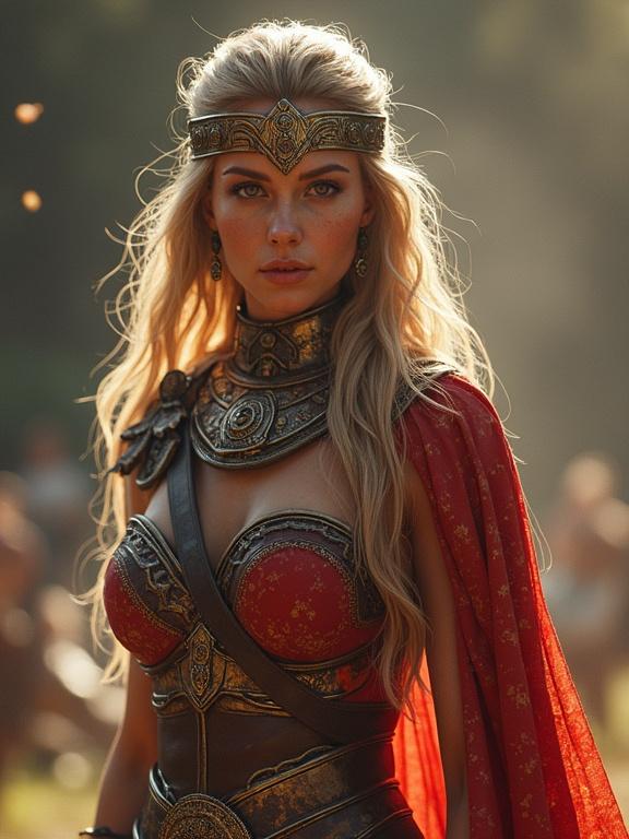 Lady Godiva dressed as Spartacus depicted in a full-body stance. Dressed in intricate armor with a red cape. Detailed matte painting with vibrant colors. Fantastic and artistic style.
