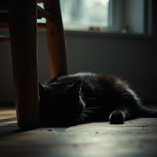 Black cat sleeping under a chair with cinematic lighting