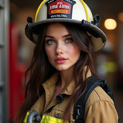A female firefighter with brunette hair and hazel eyes stands in a fire station. She has deep red lips and heavy freckles. Dressed in a firefighter uniform, visible from head to boots.