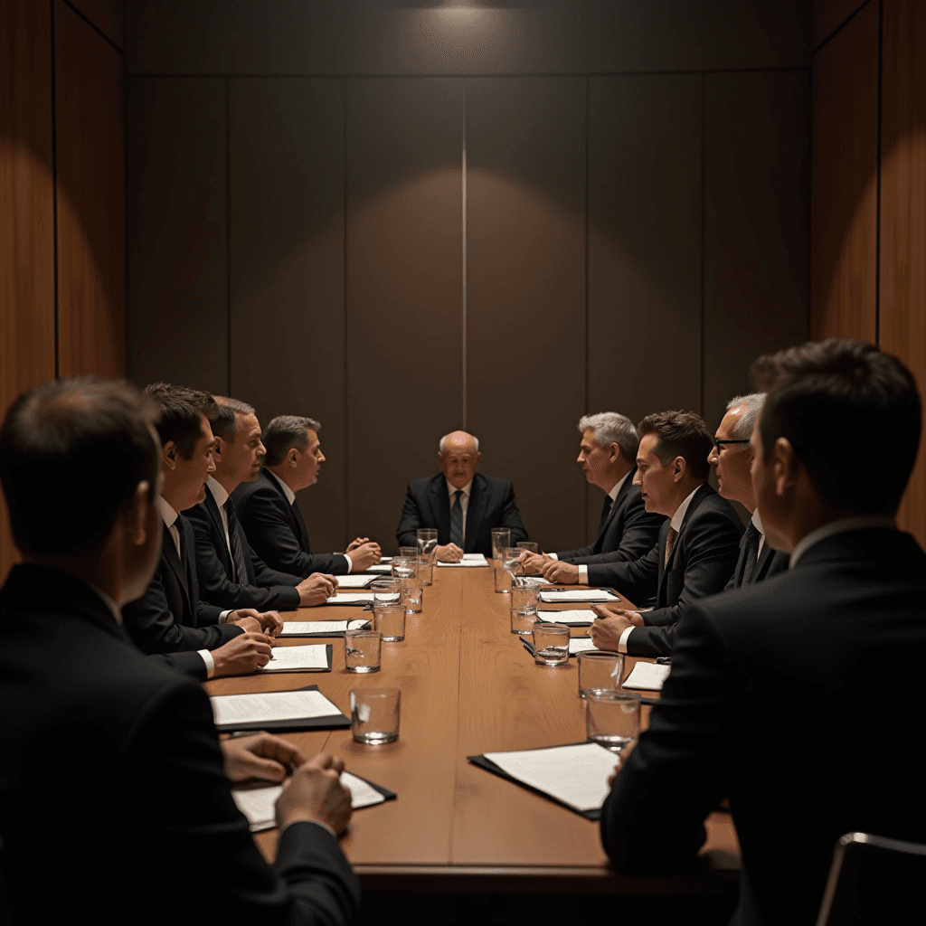 The image depicts a formal business meeting taking place in a modern boardroom. Eight men in business suits are seated around an elegantly designed wooden conference table. Each person appears focused, holding papers or documents, suggesting a serious discussion or presentation. The atmosphere is professional, highlighted by the dim, soft lighting, which creates a subtle, concentrated mood. Water glasses are arranged neatly in front of each participant, enhancing the formal setting. The room features minimalist decor, with wooden panel walls adding to the distinguished environment.