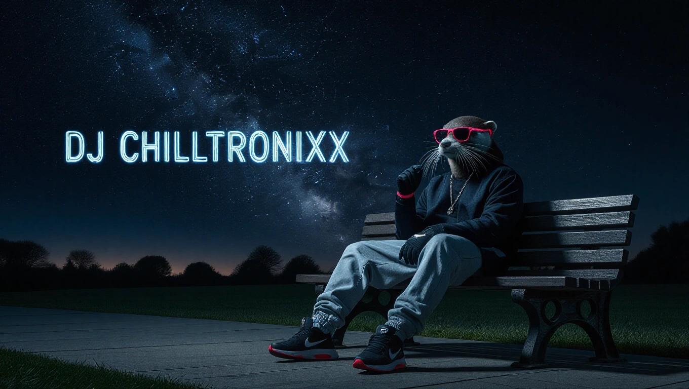A gangster otter in stylish clothes, gloves, neon Nike air runners & sunglasses sits casually on a park bench at night under a dark nebula sky. Distant lights cast eerie shadows. The scene has a dark vibe. Features futuristic text: DJ Chilltronixx.