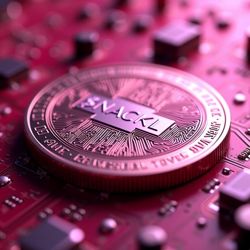 Close-up view of a digital coin on a pink motherboard dedicated to cryptocurrency. The coin shows the name $NACKL. The background highlights circuit elements enhancing the digital theme.