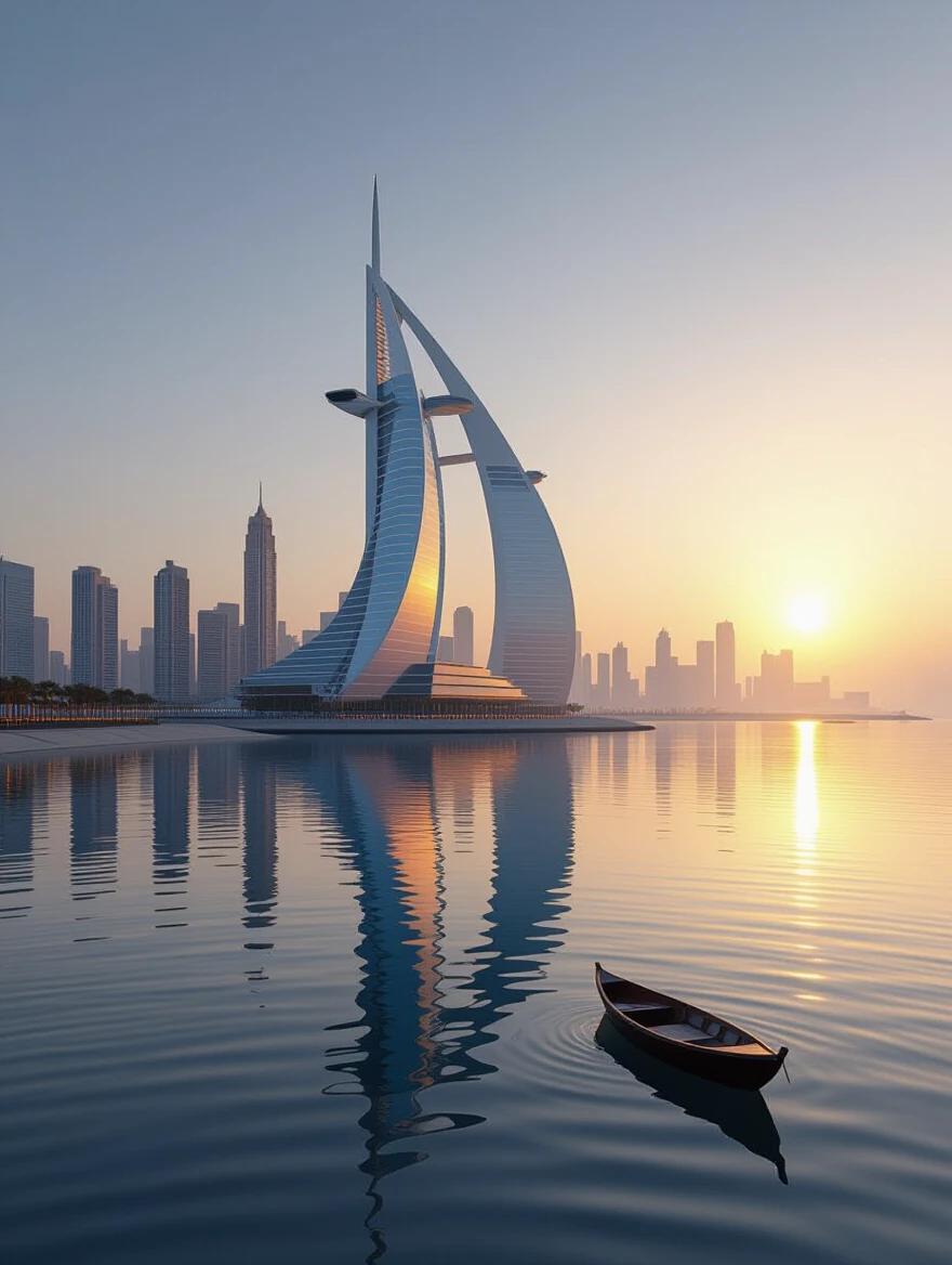 Surreal poster design featuring the Burj Al Arab surrounded by urban skyline. Show reflections in the water under soft light. Capture architectural lines with gradient colors. Incorporate elements that represent dawn to dusk transitions with depth effects.