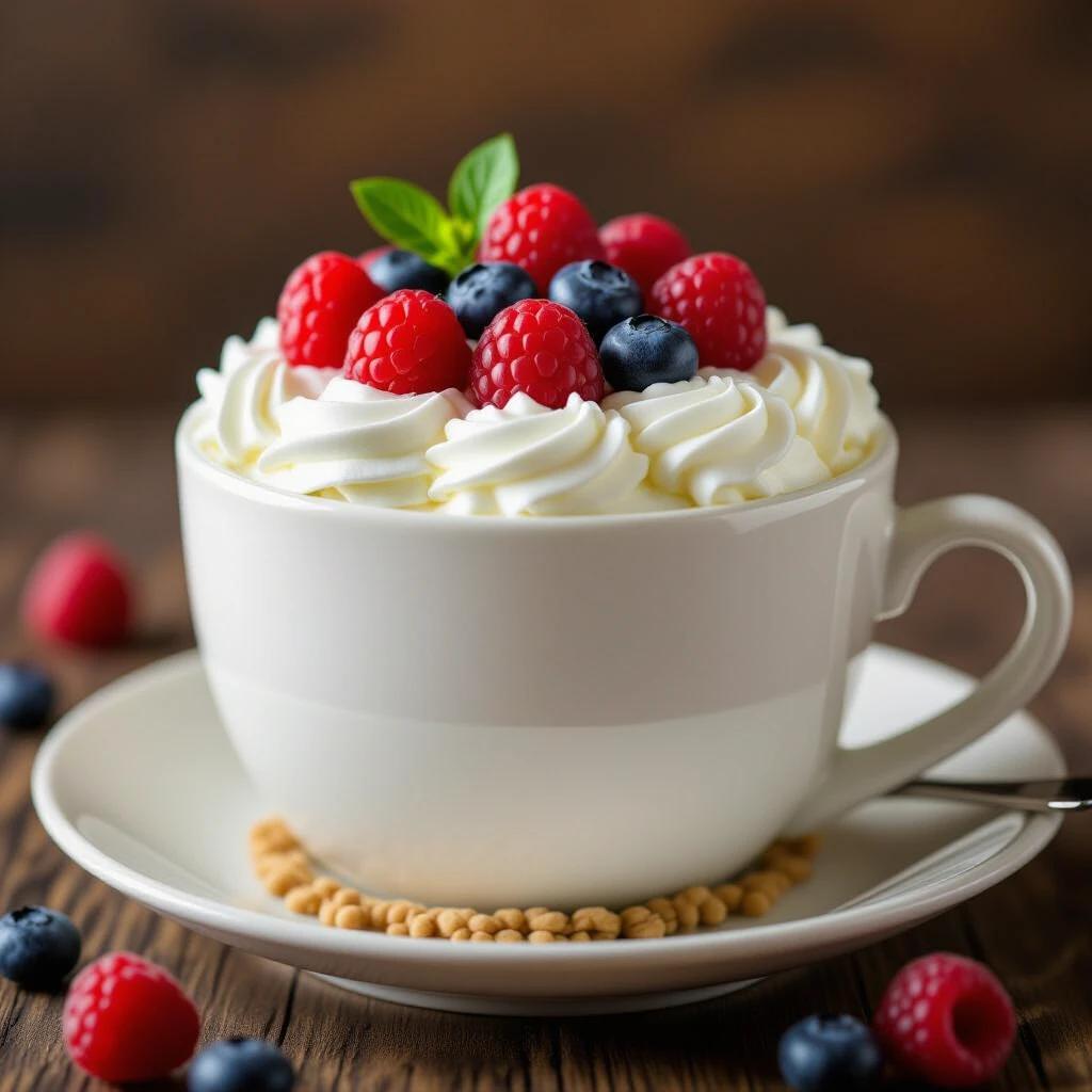 A cup filled with whipped cream on top. Topped with fresh raspberries blueberries and mint leaf. Decorated with cereal at the bottom. Shot on a wooden table.