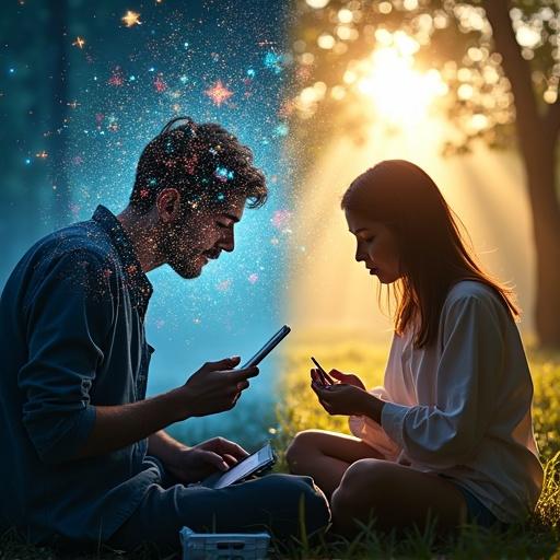 Image shows two sides. One side depicts a person surrounded by glowing screens. The other side shows the same person engaged in a screen-free activity like painting. Soft natural light dominates this half. Theme emphasizes balance and reclaimed mental clarity.
