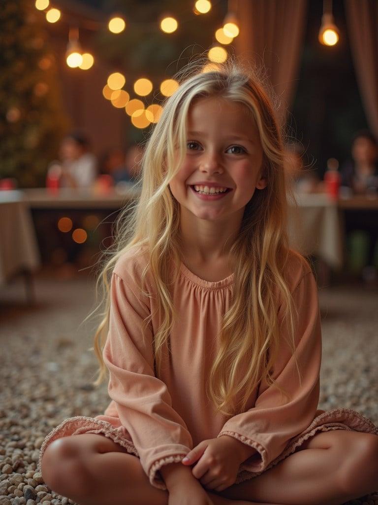 A young girl is sitting in a relaxed position at a party. The scene is illuminated with warm ambient lights. The girl has long blonde hair and is dressed in a soft pink outfit. The background features people enjoying the celebration. A relaxed and joyful atmosphere is present at the gathering.