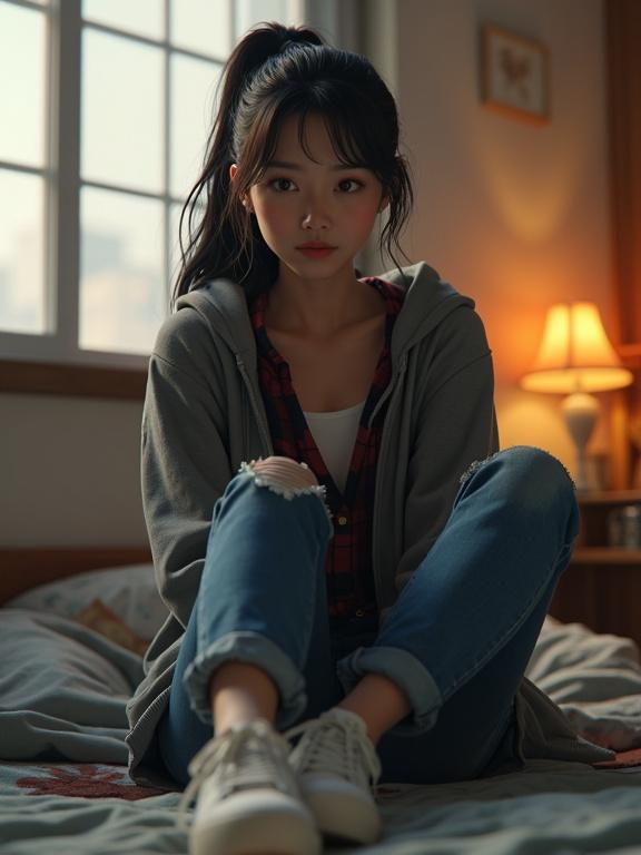 Cinematic scene of a young korean woman in a rooftop room. Soft shadows illuminate her face. She wears a gray hoodie over a flannel shirt, paired with frayed jeans and white sneakers. Long black hair tied in a ponytail, sits with fatigue on her face. Textbook and blaring alarm clock nearby. Warm ambient light enhances the cozy atmosphere.