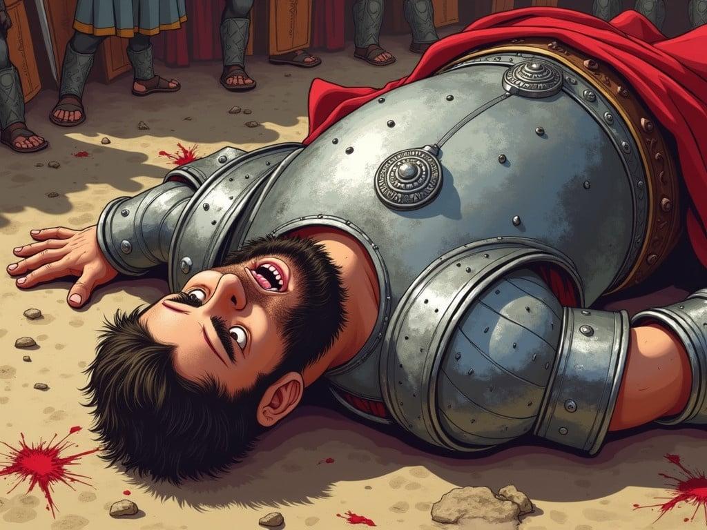 A high angle shot cartoon illustration depicts a towering Goliath wearing intricate silver-colored armor. He is lying on his back on the ground, displaying a look of shock etched across his face. Blood can be seen on his forehead, suggesting he has just fallen after a battle. The background features a group of armored warriors standing nearby, their expressions a mix of surprise and awe at Goliath's downfall. The scene captures the dramatic moment, highlighting Goliath's immense size and the intensity of the moment.