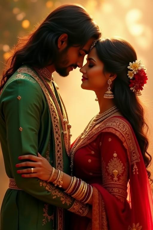 A couple dressed in traditional Indian attire poses together. The male wears a green outfit with gold accents. The female wears a red sari adorned with jewelry and flowers. The atmosphere glows warmly. It evokes intimacy and cultural richness.