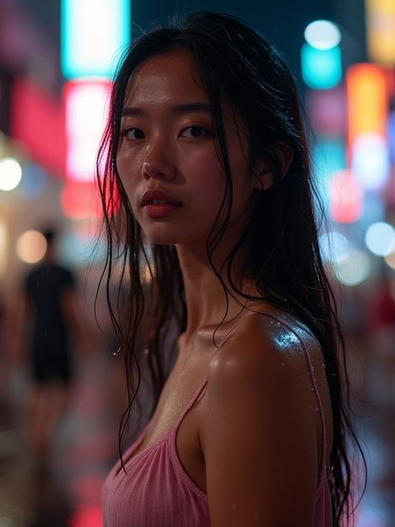 Beautiful young woman with long wet hair standing in rain at night on vibrant city street. Light pink sleeveless top made of transparent fabric. Water droplets on skin and hair. Background softly blurred with colorful bokeh from neon signs and street lights. Calm and slightly melancholic expression. Cinematic lighting.