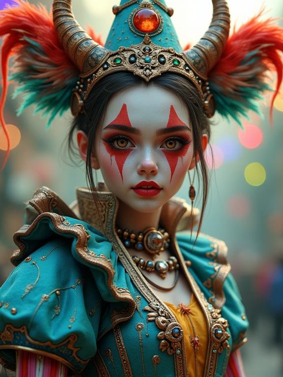 3D young woman depicted as a stylized clown. Positioned in center facing viewer. Neutral expression. Clown makeup features bright red white blue stripes with striking red eyes. Wears elaborate mechanical-looking clothing and accessories. Outfit is heavily detailed with metallic parts jewels colorful feathers. Style is futuristic mixing steampunk and fantasy. Clothing is vibrant with intricate patterns. Background is blurred with green yellow purple colors, suggesting colorful lights. Lighting highlights face and figure. Perspective is slightly elevated focusing on upper body and face. Composition is balanced highlighting costume and makeup.