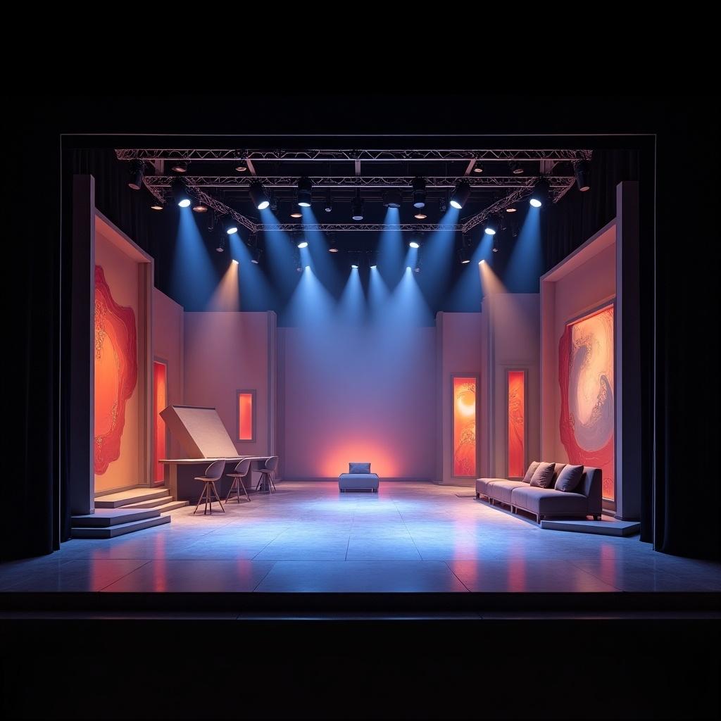 An empty theater stage designed for a performance. Soft lighting fills the area with blue and orange tones. A central sofa is surrounded by minimalist decor. Wall panels contrast with the flooring.