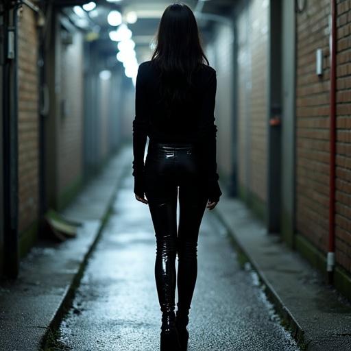 A figure wearing black attire and black latex thigh-high boots in a dark alley in Japan. The scene exudes an edgy and urban vibe.