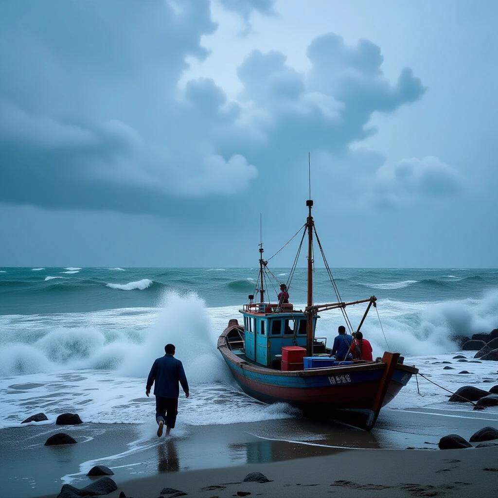 Photography style with strong tilt-shift blur effect and shallow depth of field. Overlooking a seacoast before a storm. The sky is filled with dark clouds, and the waves are tumultuous. The wooden raft rocks violently in the waves. Chinese ancestors are hurriedly retreating. Cool color tones are used.
