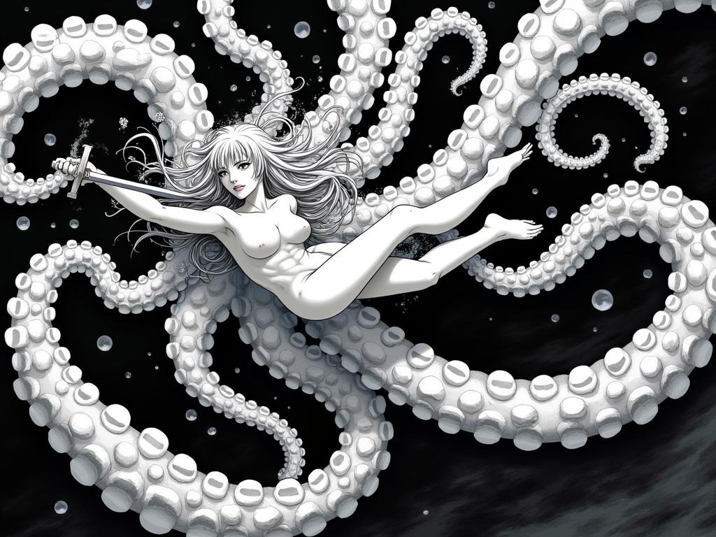 The illustration depicts a female figure swimming underwater, depicted in a dynamic pose as she struggles against several large, tentacled arms of an octopus. The subject has long hair and is shown in a semi-reclined position with her legs and arms spread, emphasizing movement and tension. The background contrasts starkly between black and white, enhancing the swirling motion of the tentacles and the bubbles rising around her. The sword she holds is also notable, hinting at a struggle or conflict within the scene.