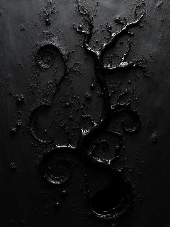 Close-up digital oil painting. Features a black background. Harsh paint strokes visible. Corroded and unfinished artistic elements present. Flat colors combine with dynamic silhouette design. Minimalist style with repeating voids like film negatives. Shadows combine with edges resembling film strips. Thick, viscous fungal tendrils ooze and stretch across the surface, like blackened veins of decay. Growth is unnatural—shiny, slick, and spreading with an almost sentient aggression.