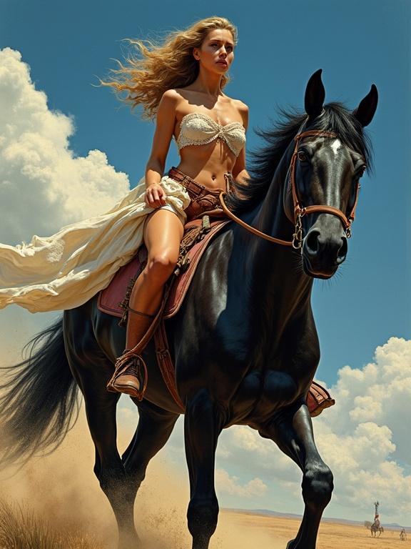 Ultrarealistic depiction of a woman riding a dark horse in a dynamic pose. Beautiful woman with flowing hair on a galloping horse in a vast landscape with blue skies and clouds.
