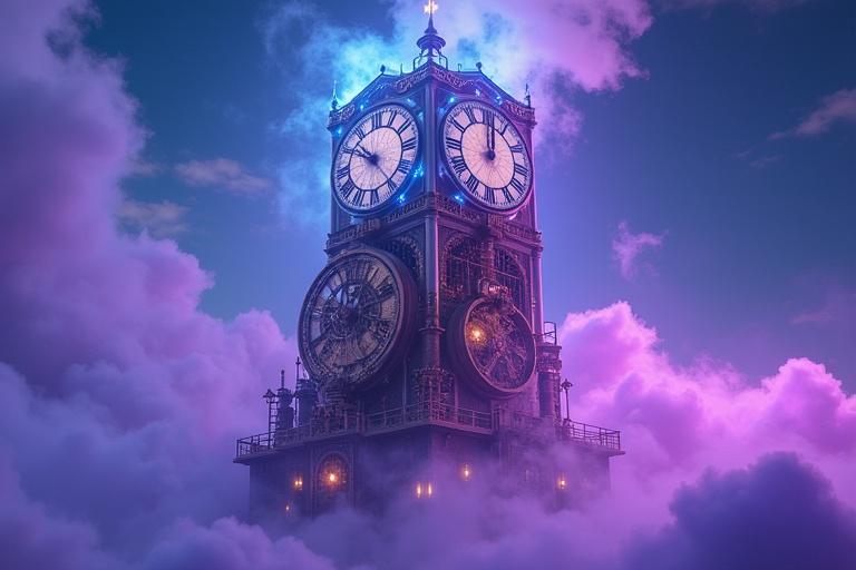 A tower of clockwork rises through luminous purple steam. Brass gears shine with electric blue energy. Holograms of mechanisms float. Victorian metal creates a dance of light and shadow. Steam vents release glowing vapor. Fusion of ancient machinery and futuristic design.