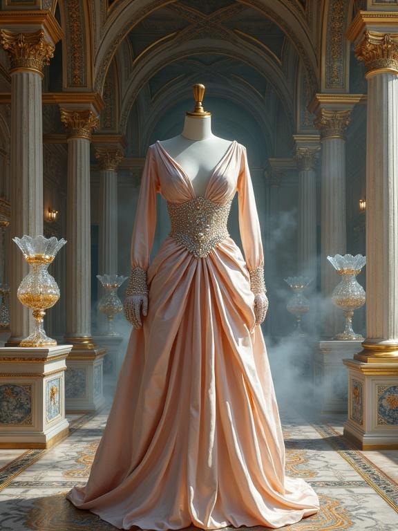 An ornate baroque interior resembling a quiet chapel filled with gilded arches. Fogged mirrors and soft ambient light enhance the scene. A mannequin draped in an opalescent satin garment stands still. The dress features long sleeves and a high neckline. Geometric folds evoke historical fashion. Nearby, crystal vessels hold golden liquid. A segmented pearl chain rests on a pedestal. Colors include pearlescent pink and cool blue. Oil-like richness with watercolor transparency creates texture. The mood is serene and ceremonial.