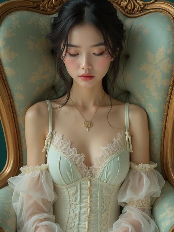 Creative portrait of a young lady showcasing delicate lace in shades of mint and cream. She has her eyes closed, mouth slightly open. Soft lighting reveals skin texture. The atmosphere is dark and dreamlike. The young lady is seated in a Victorian European Empire chair.