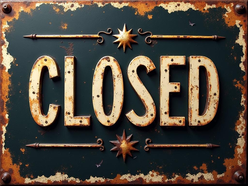 Create an image featuring a vintage-style sign that prominently displays the text 'CLOSED'. The sign should have a distressed appearance, perhaps with some rust along the edges and a weathered background. It should include bold lettering that catches the eye. The background color should maintain a dark tone to ensure the text stands out. Add small decorative elements or borders to enhance the vintage feel.