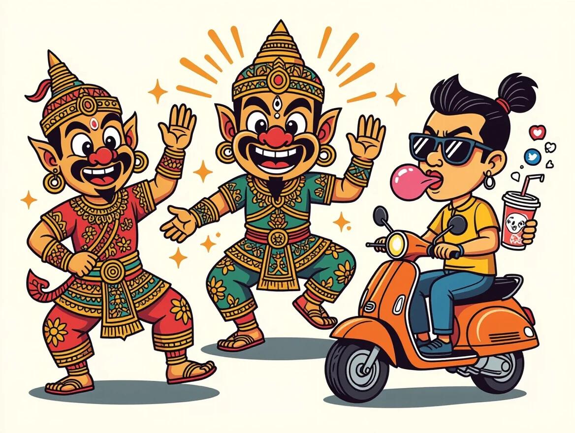 Tattoo flash sheet featuring caricatured Wayang characters. Two characters performing exaggerated poses. Bright colors are used with thick outlines. Wayang characters include Semar and Gatotkaca. Semar appears to breakdance and make dramatic gestures. Gatotkaca sports mechanical arms. A character named Petruk enjoys bubble tea with exaggerated lips. Arjuna rides a motorbike wearing sunglasses. A puppeteer's head showcases social media icons. The overall design features traditional Indonesian elements combined with modern pop culture.