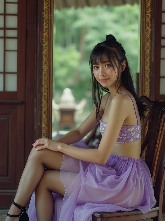 Grungy analog photo of petite Chinese girl in Qin Dynasty garden. She sits on a chair with crossed legs. Wearing light purple sheer mini skirt and flower patterned bra. Black stockings and high heels. Hair tied loosely. She looks at the camera with a soft smile. Frame captures her full figure focusing on her leg. Flash photography slightly overexposed with film grain for nostalgic vibe.