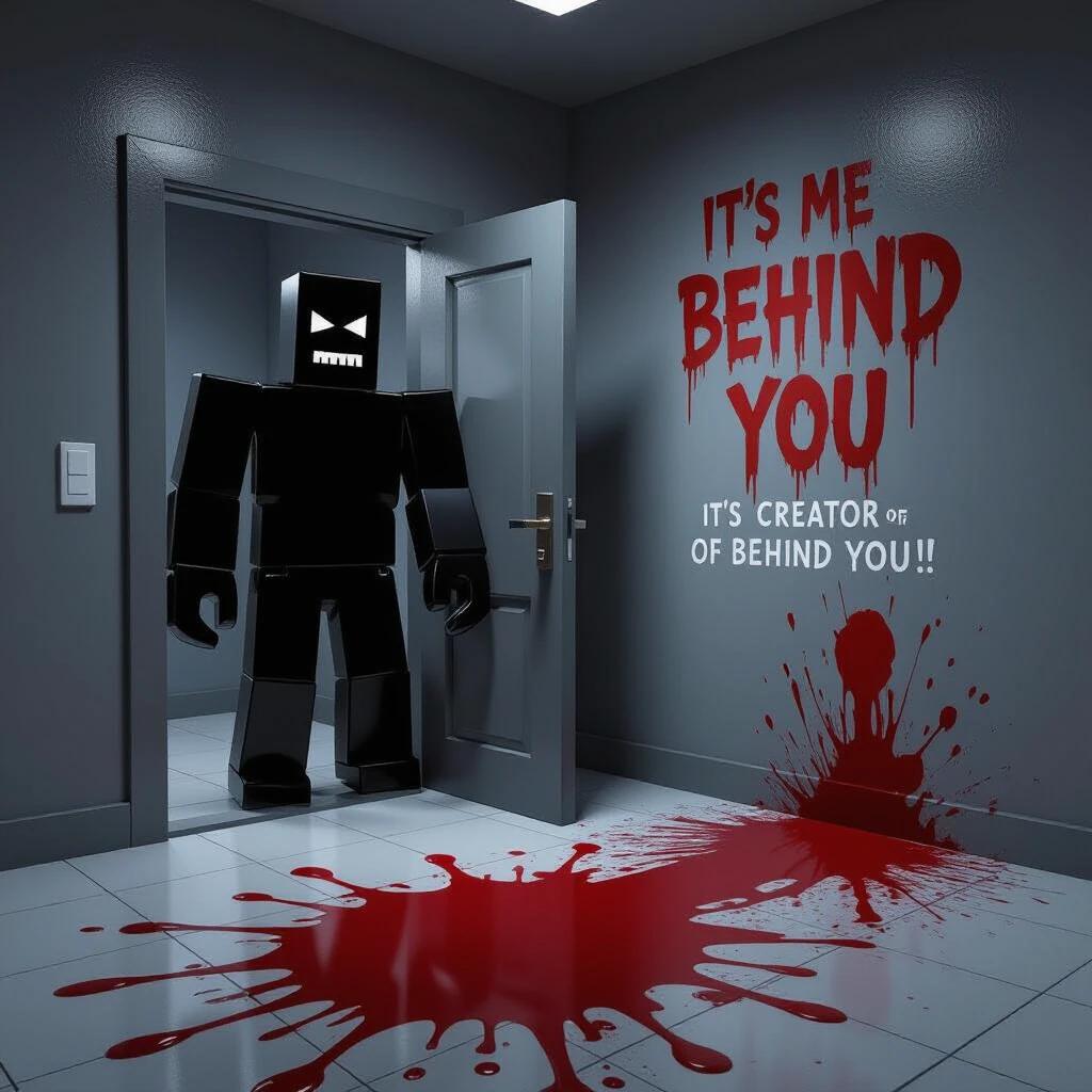 A black horror character stands by a locked exit door. A key is in the character's hand. Blood-red writing on the wall reads 'It's me creator of Roblox behind you'. The background is a dark grey room. Blood splatters on the floor add to the horror vibe.