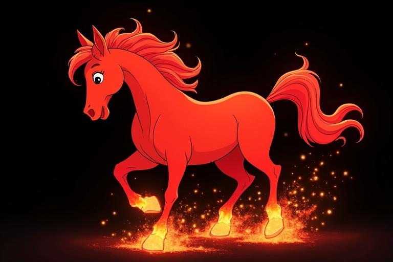 An abstract representation of a red horse surrounded by fiery sparks on a black background.