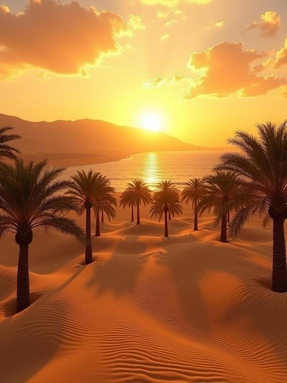 Breathtaking view of date palm trees at sunset. Golden beach nestled within desert oasis. Warm glow casts shadows over Sahara sand. Moroccan mountains in background. Tranquil shoreline beside Gulf. Fusion of palm forest sea sand.