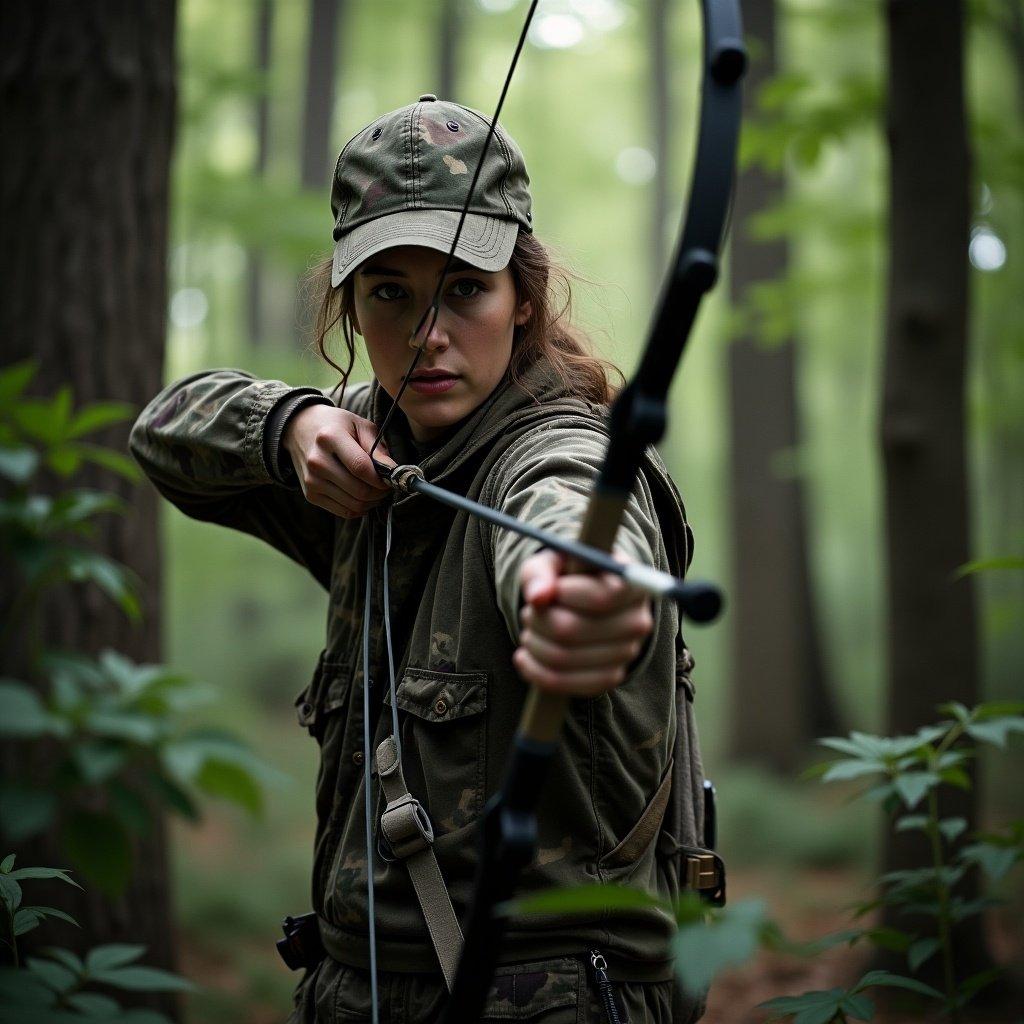 The image captures a young woman in hunting attire, standing confidently in a dense forest. She is aiming a bow and arrow, demonstrating focus and determination. The greenery around her gives a vivid sense of the natural setting. Her expression reflects concentration and skill. This scene embodies the spirit of adventure and the outdoors, showcasing female representation in sports like archery.