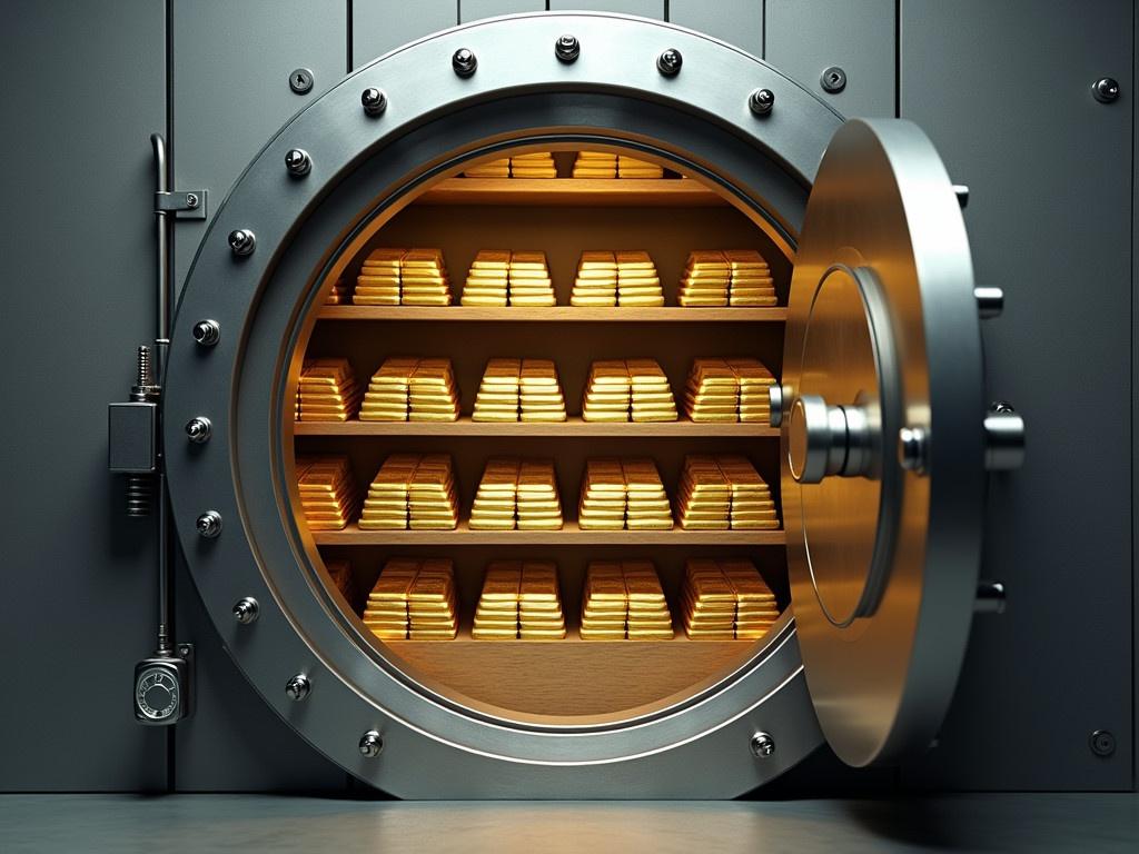 This image shows a large, metallic vault door that is open, revealing stacks of gold bars stored inside. The vault has a circular design and appears to be secured with heavy-duty locking mechanisms. The interior view showcases neatly arranged gold bars on shelves, reflecting a warm golden glow. The walls of the vault are made of gray metal, giving it a sturdy and secure appearance. Bright lighting illuminates the interior, enhancing the visibility of the gold bars. The scene conveys a sense of wealth and security, typically associated with a bank or storage facility.