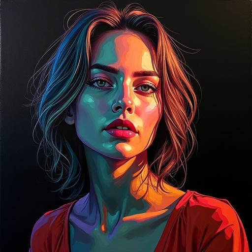 Semi-realistic painting features a woman with abstract bold long brush strokes. Multicolored bright dynamic lighting illuminates the subject on a dark vanta black background. The painting appears lively and striking.